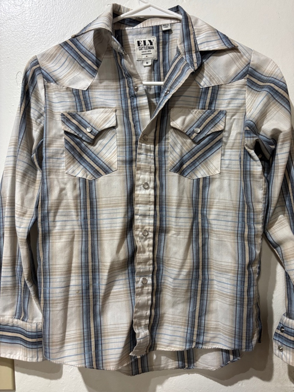 Ely Cattleman Cream and Blue Western Plaid Snap Shirt